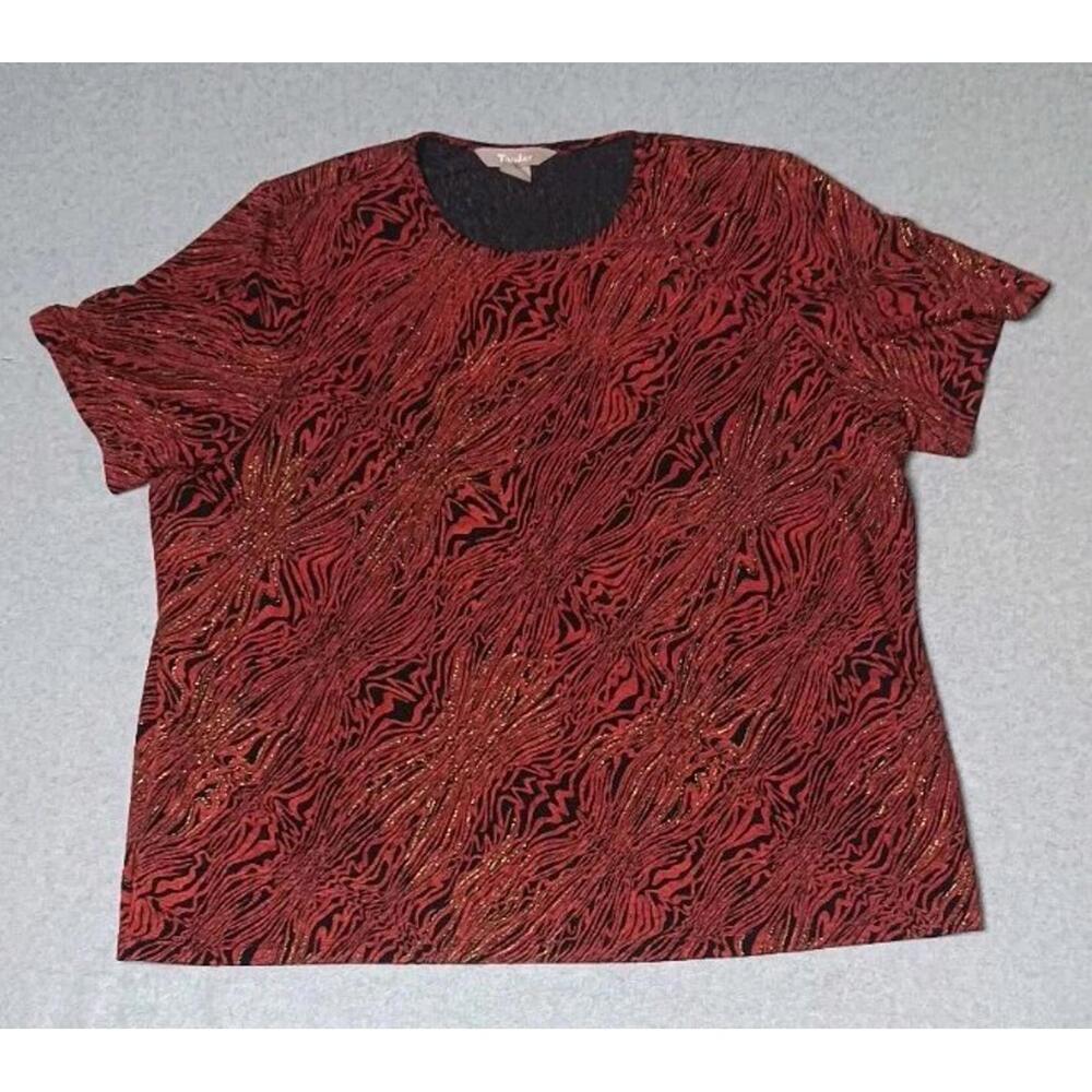 Tanjay Short Sleeve Shirt Blouse Womens Size XL Red Velvet Burnout Sparkly